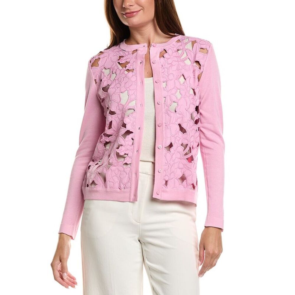 Oscar De La Renta Womens  Cherry Blossoms Guipure Insert Silk-Blend Cardigan,